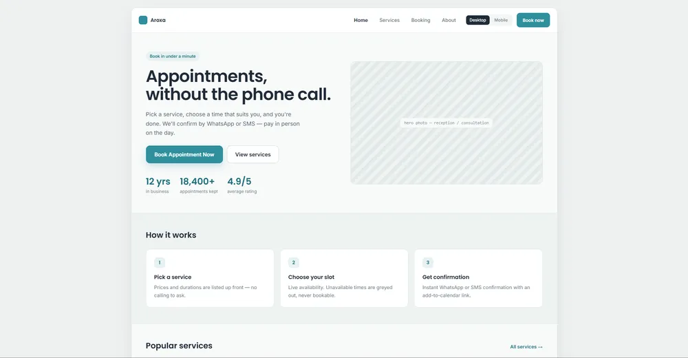 Aroxa Booking — screen 1