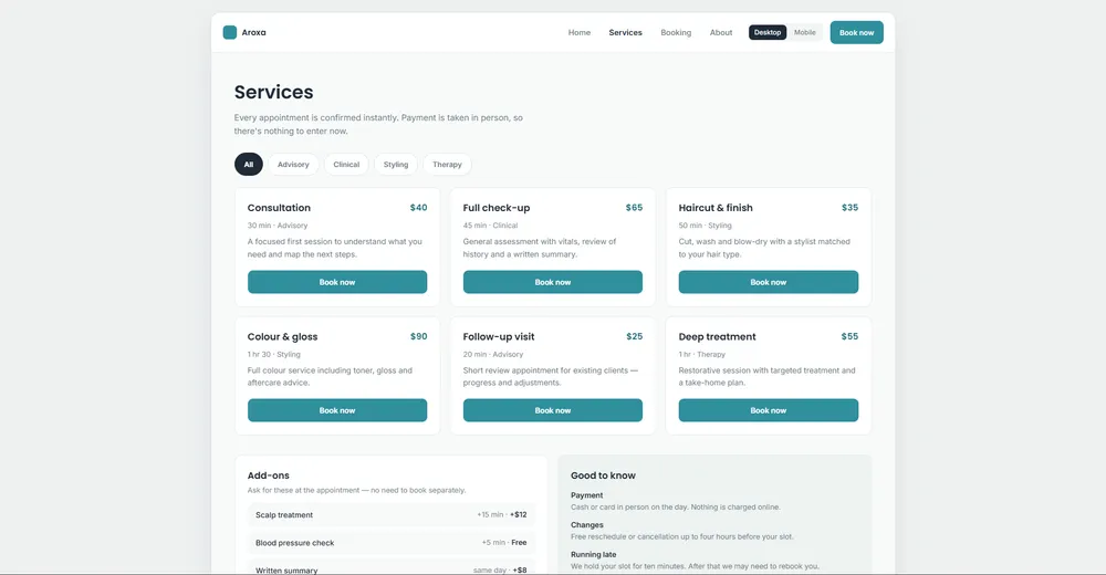 Aroxa Booking — screen 2